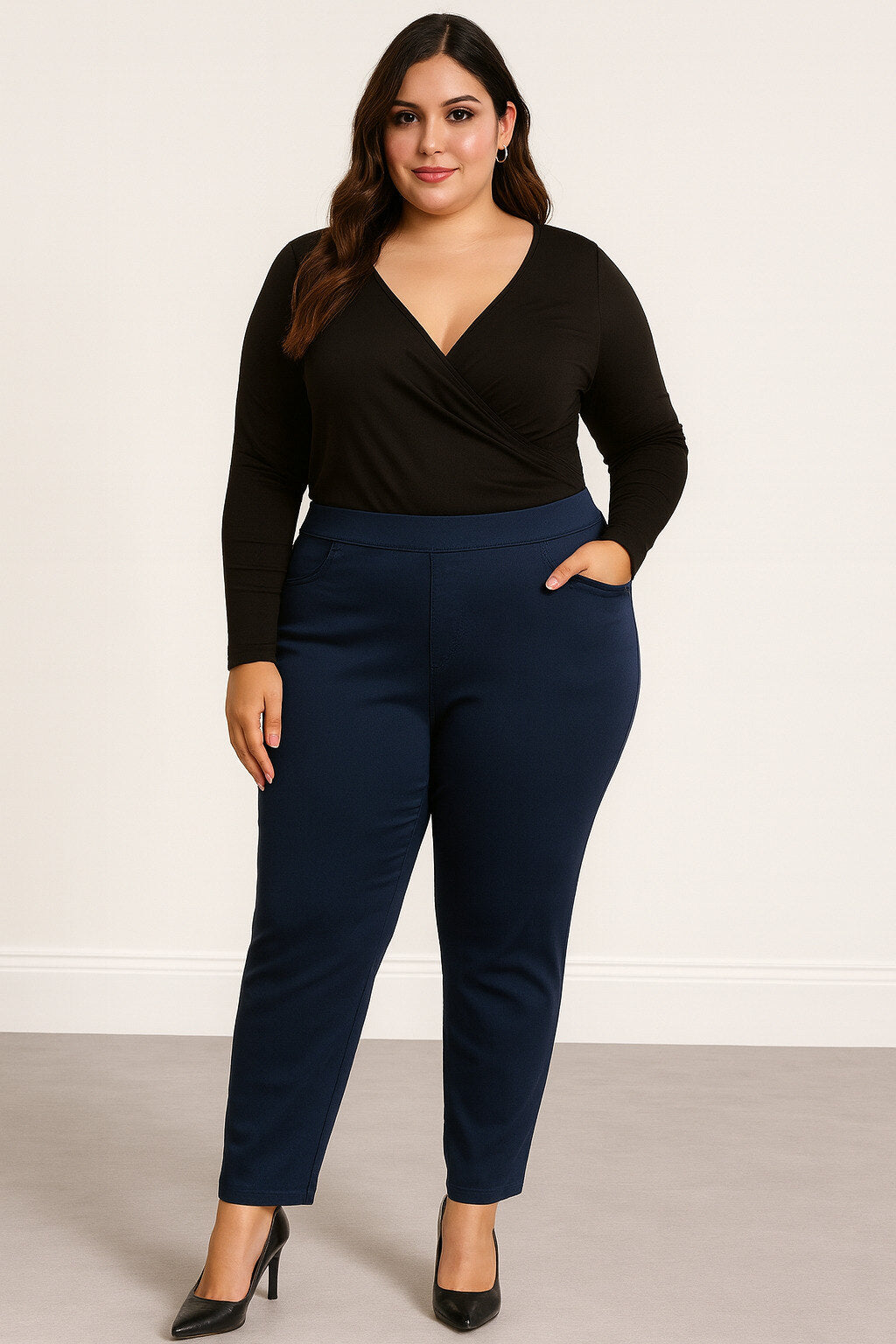 Voici un pantalon mode grande taille femme, coupe droite, intemporel, tissu élastiqué confortable, taille élastiquée, existe en blanc ou en marine