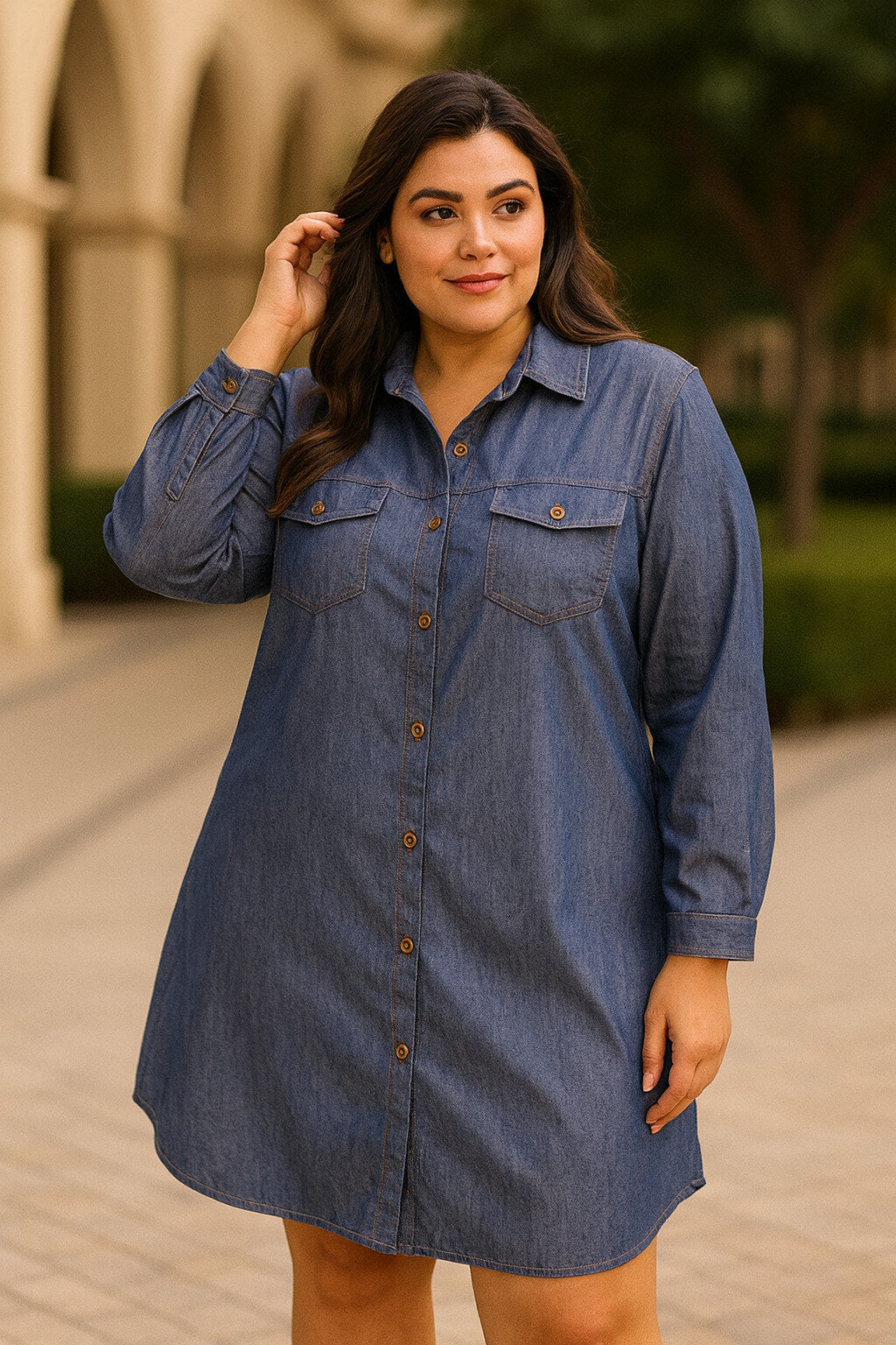 Robe chemise boutonnée, imprimé style jean denim,, deux poches plaquées poitrine, manches longues avec poignets boutonnés, longueur genou